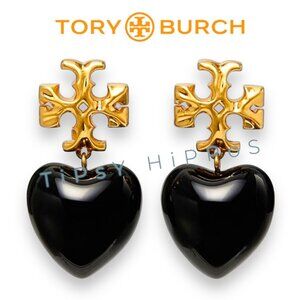 Tory Burch Black and Gold Roxanne Heart Drop Earrings